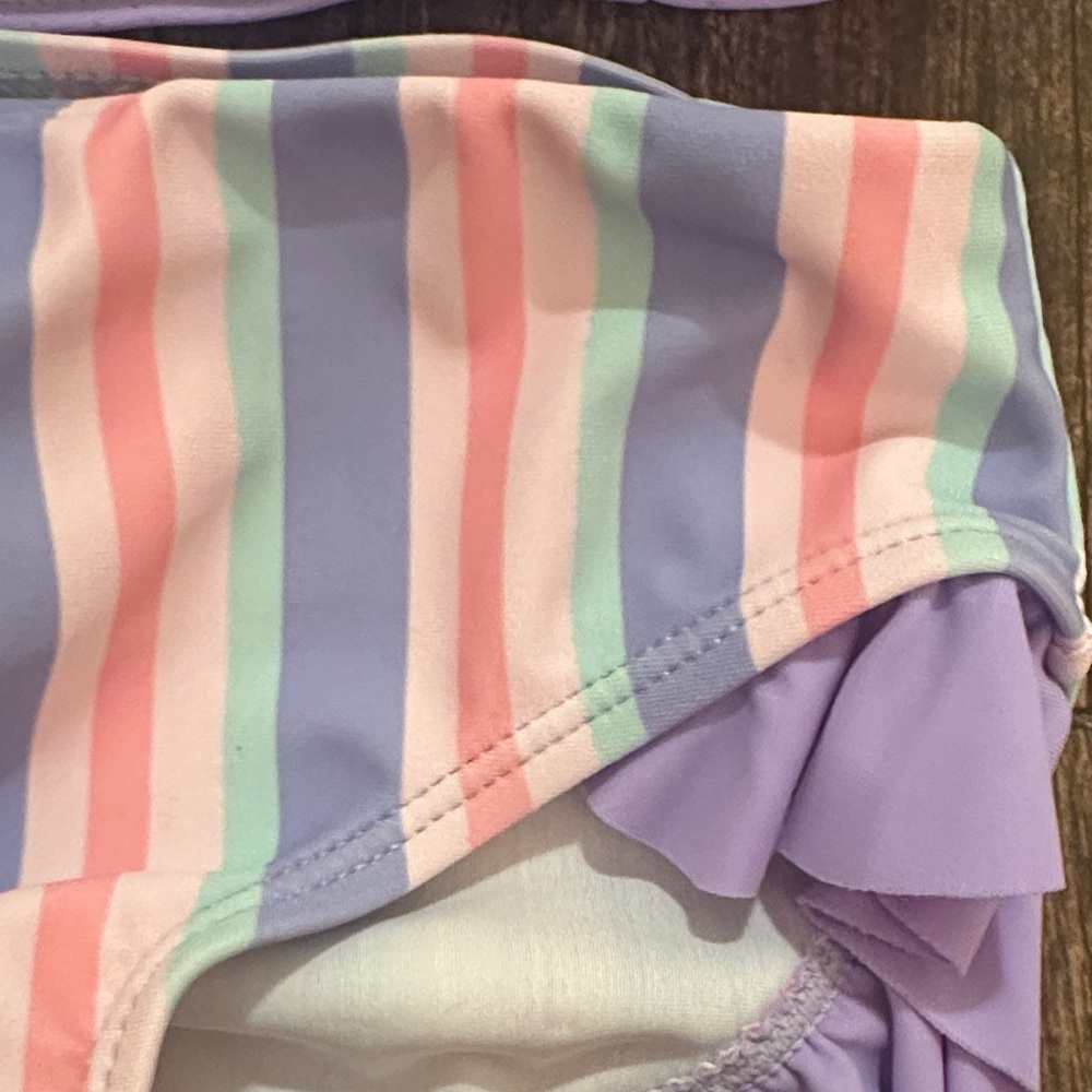 Toddler Girls 4T Purple Ruffle Bikini Swimsuit Rainbow Stripe Set - Picture 2 of 4